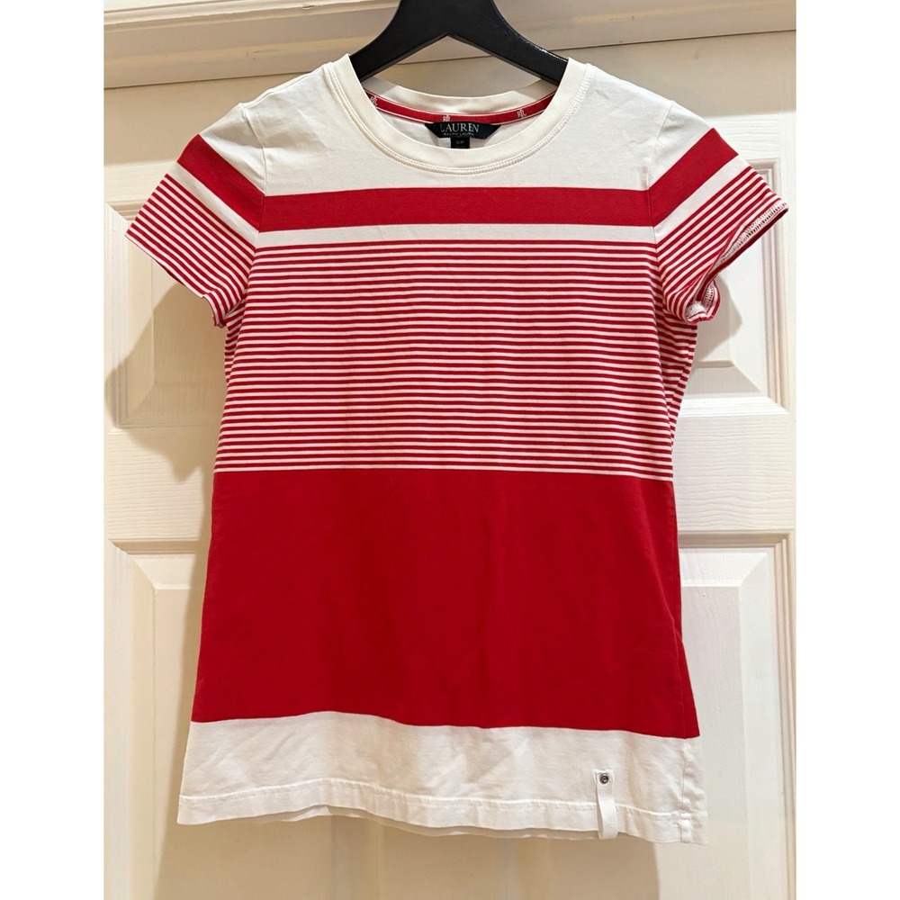 Lauren Ralph Lauren Womens S Red White Striped Crew Neck Short Sleeve T-Shirt
